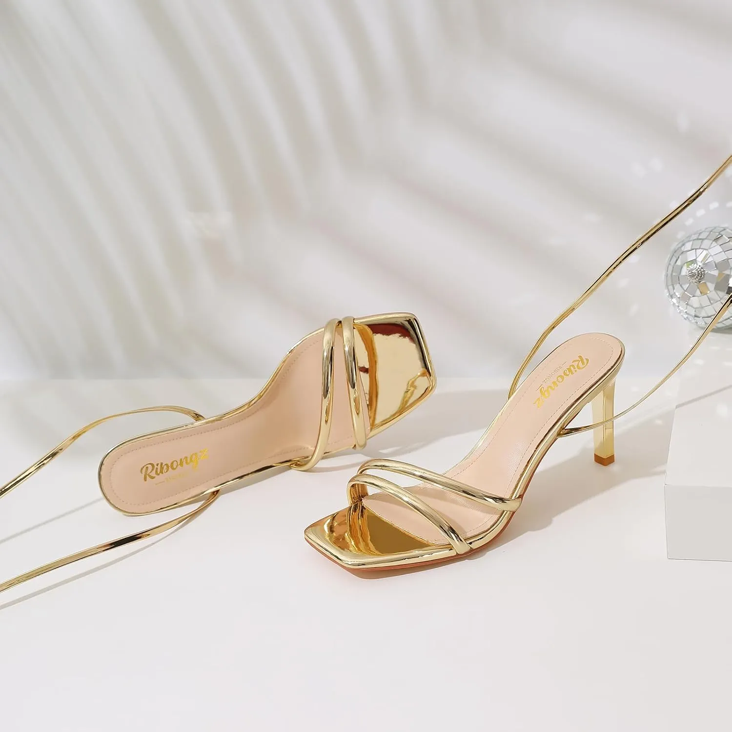 RIBONGZ Strappy Heels for Women Square Open Toe Tie Up Sandals Ankle Strap Lace Up Stiletto High Heels Sexy for Wedding Prom Party Comfort Dress Shoes