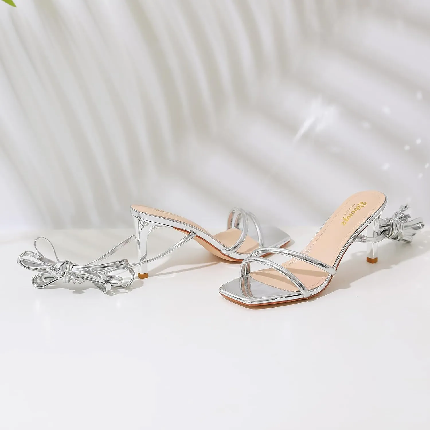 RIBONGZ Strappy Heels for Women Square Open Toe Tie Up Sandals Ankle Strap Lace Up Stiletto High Heels Sexy for Wedding Prom Party Comfort Dress Shoes