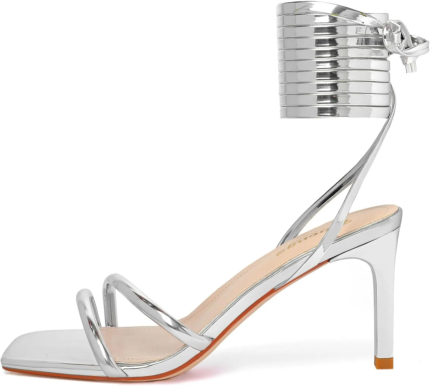 RIBONGZ Strappy Heels for Women Square Open Toe Tie Up Sandals Ankle Strap Lace Up Stiletto High Heels Sexy for Wedding Prom Party Comfort Dress Shoes