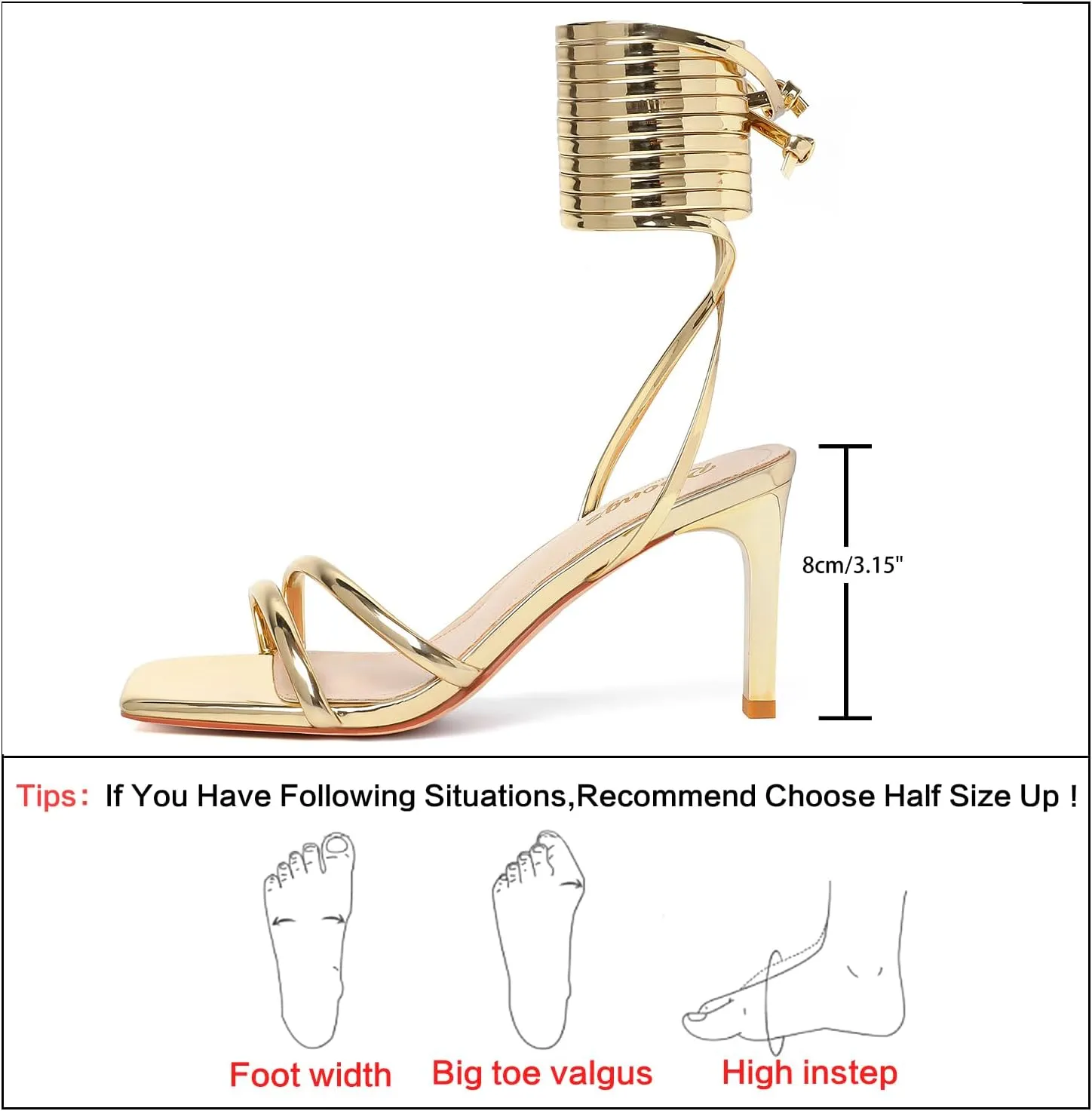 RIBONGZ Strappy Heels for Women Square Open Toe Tie Up Sandals Ankle Strap Lace Up Stiletto High Heels Sexy for Wedding Prom Party Comfort Dress Shoes