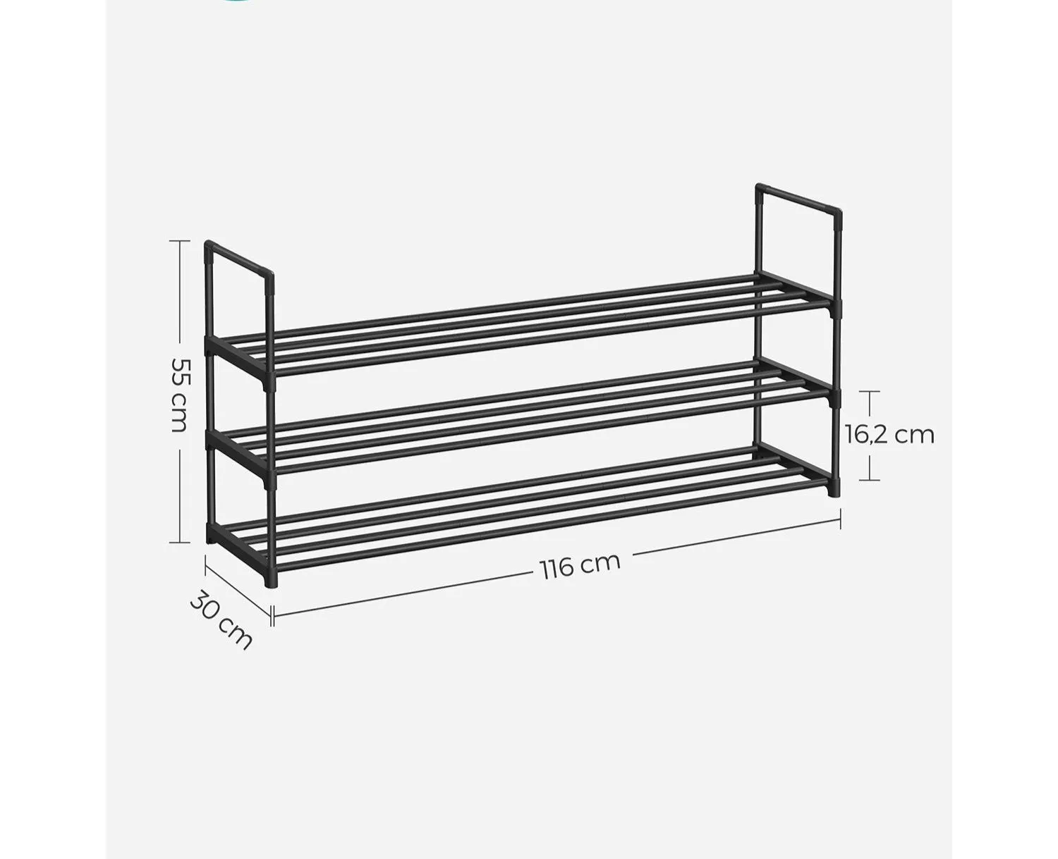 Rootz 3 Tier Shoe Rack - Stackable Shoe Organizer - Metal Shoe Shelf - Black - 30cm x 116cm x 55cm - Lightweight - Easy Assembly