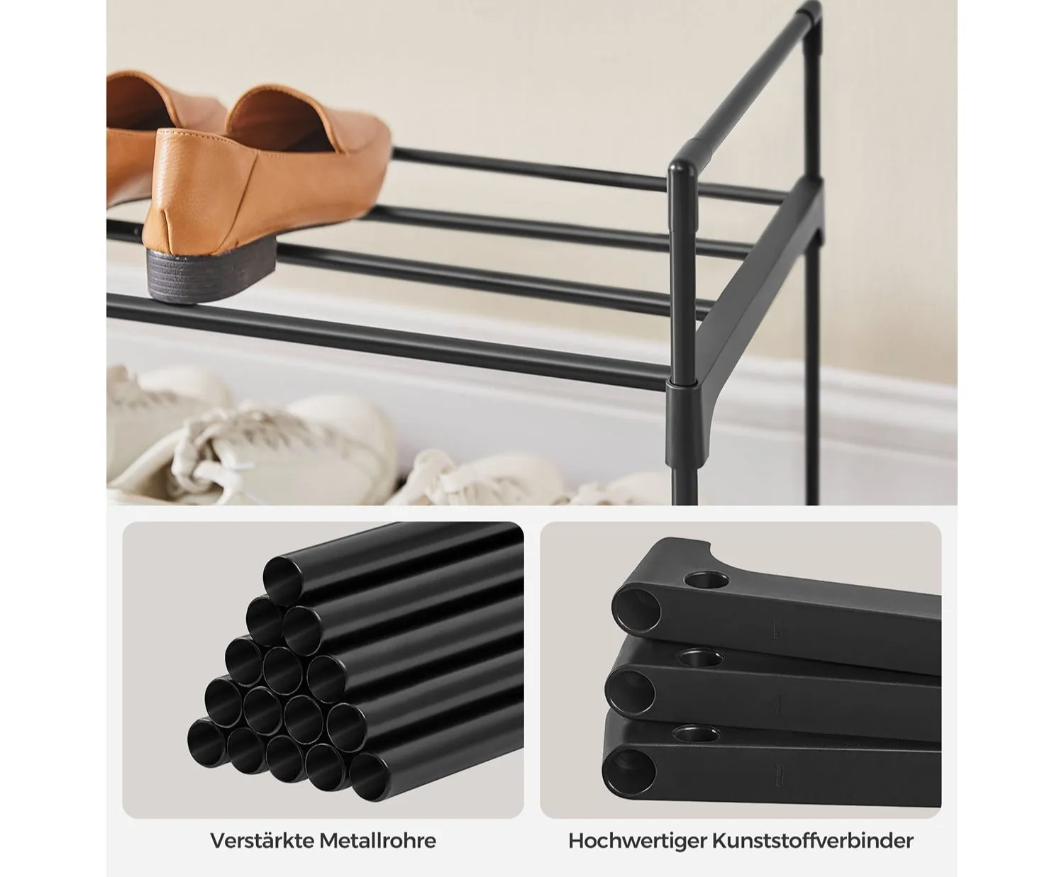 Rootz 3 Tier Shoe Rack - Stackable Shoe Organizer - Metal Shoe Shelf - Black - 30cm x 116cm x 55cm - Lightweight - Easy Assembly