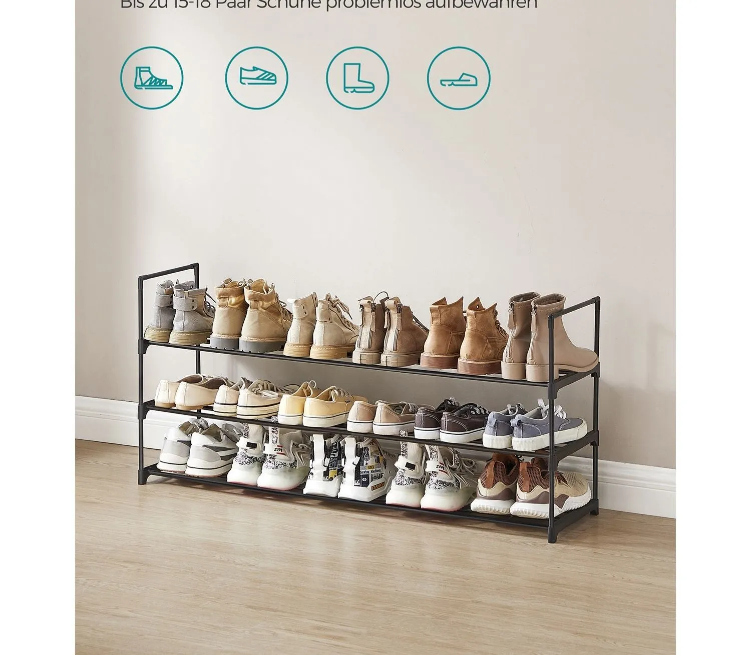 Rootz 3 Tier Shoe Rack - Stackable Shoe Organizer - Metal Shoe Shelf - Black - 30cm x 116cm x 55cm - Lightweight - Easy Assembly