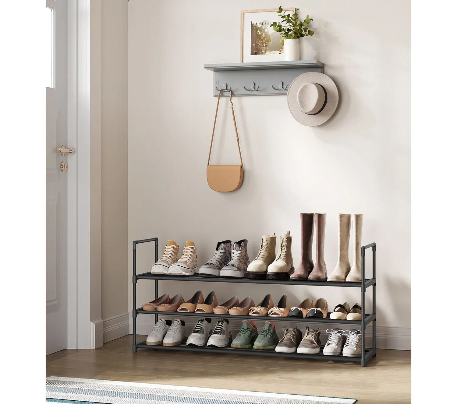 Rootz 3 Tier Shoe Rack - Stackable Shoe Organizer - Metal Shoe Shelf - Black - 30cm x 116cm x 55cm - Lightweight - Easy Assembly