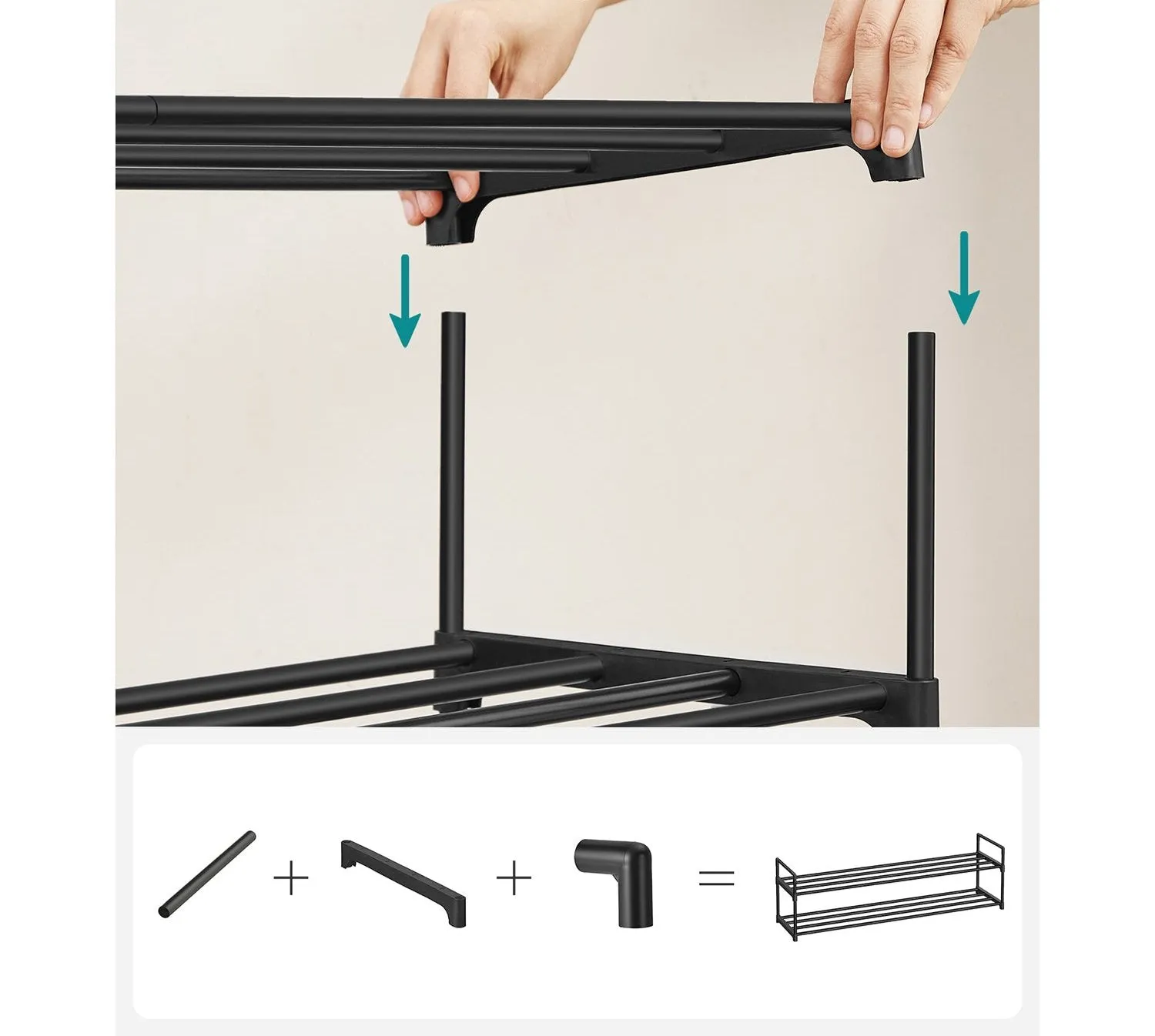 Rootz 3 Tier Shoe Rack - Stackable Shoe Organizer - Metal Shoe Shelf - Black - 30cm x 116cm x 55cm - Lightweight - Easy Assembly