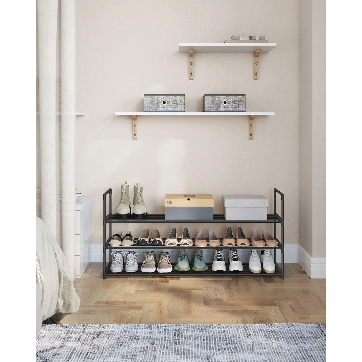 Rootz 3 Tier Shoe Rack - Stackable Shoe Organizer - Metal Shoe Shelf - Black - 30cm x 116cm x 55cm - Lightweight - Easy Assembly