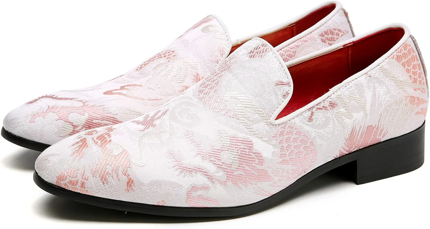 Santimon Mens Penny Loafers Embroidery Casual Slip On Driving Wedding Prom Shoes Moccasins Smoking Slipper Pink