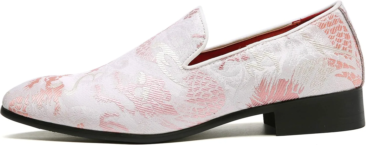 Santimon Mens Penny Loafers Embroidery Casual Slip On Driving Wedding Prom Shoes Moccasins Smoking Slipper Pink