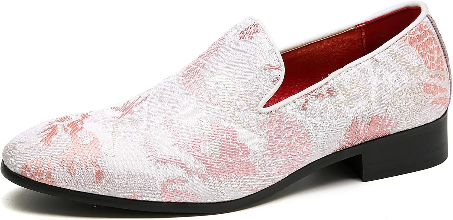 Santimon Mens Penny Loafers Embroidery Casual Slip On Driving Wedding Prom Shoes Moccasins Smoking Slipper Pink