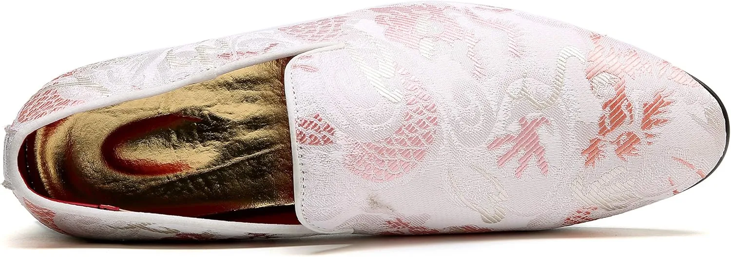 Santimon Mens Penny Loafers Embroidery Casual Slip On Driving Wedding Prom Shoes Moccasins Smoking Slipper Pink
