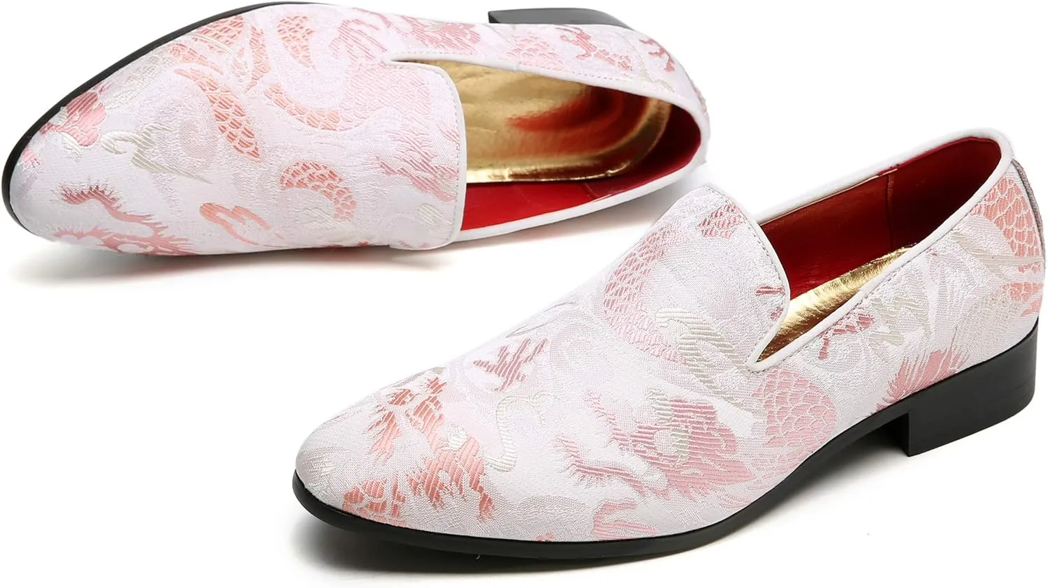 Santimon Mens Penny Loafers Embroidery Casual Slip On Driving Wedding Prom Shoes Moccasins Smoking Slipper Pink