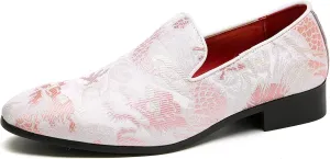 Santimon Mens Penny Loafers Embroidery Casual Slip On Driving Wedding Prom Shoes Moccasins Smoking Slipper Pink