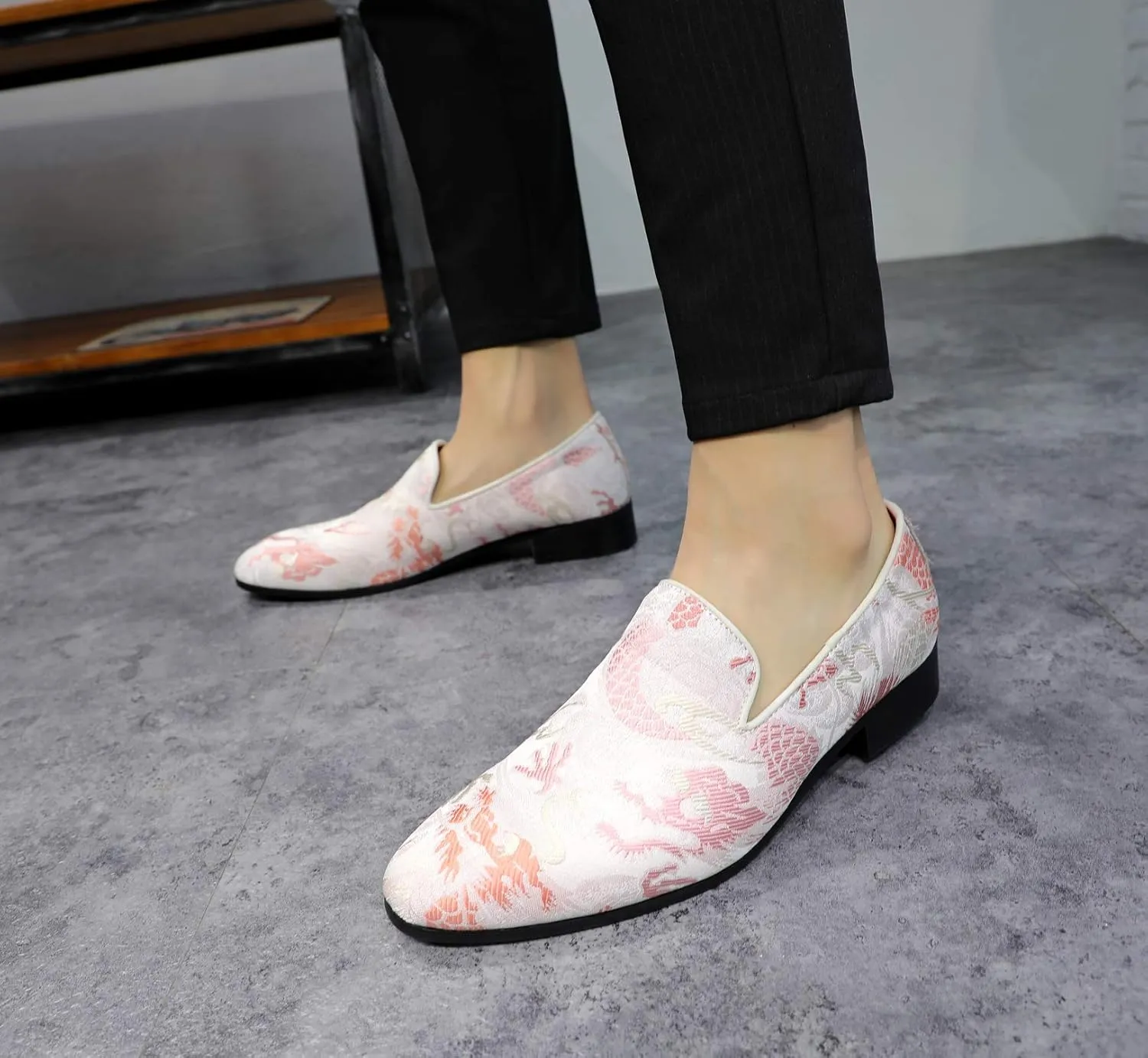 Santimon Mens Penny Loafers Embroidery Casual Slip On Driving Wedding Prom Shoes Moccasins Smoking Slipper Pink