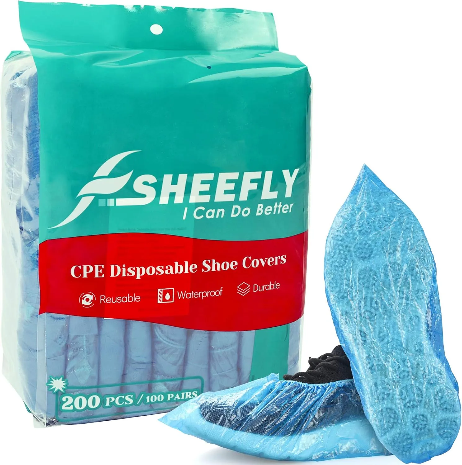 SHEEFLY 200 Pack Disposable Boot CPE Shoe Covers,Waterproof Non-Slip Shoe Booties, Durable Recyclable Shoe Protector,Thick Shoe Cover for Indoor Carpet Floor Usage Medical Museum Workplace