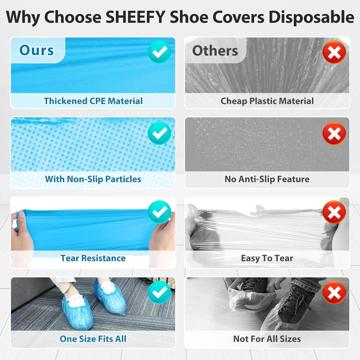 SHEEFLY 200 Pack Disposable Boot CPE Shoe Covers,Waterproof Non-Slip Shoe Booties, Durable Recyclable Shoe Protector,Thick Shoe Cover for Indoor Carpet Floor Usage Medical Museum Workplace