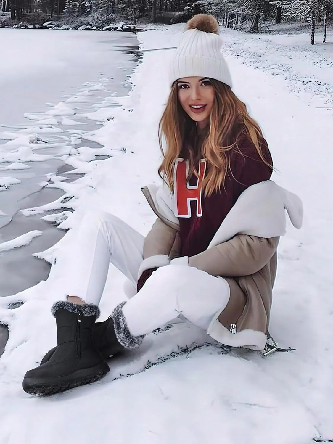 SHIBEVER Womens Winter Boots Warm: Womens Waterproof Snow Boots Ankle Casual Cold Weather Fur Lined Comfortable Booties