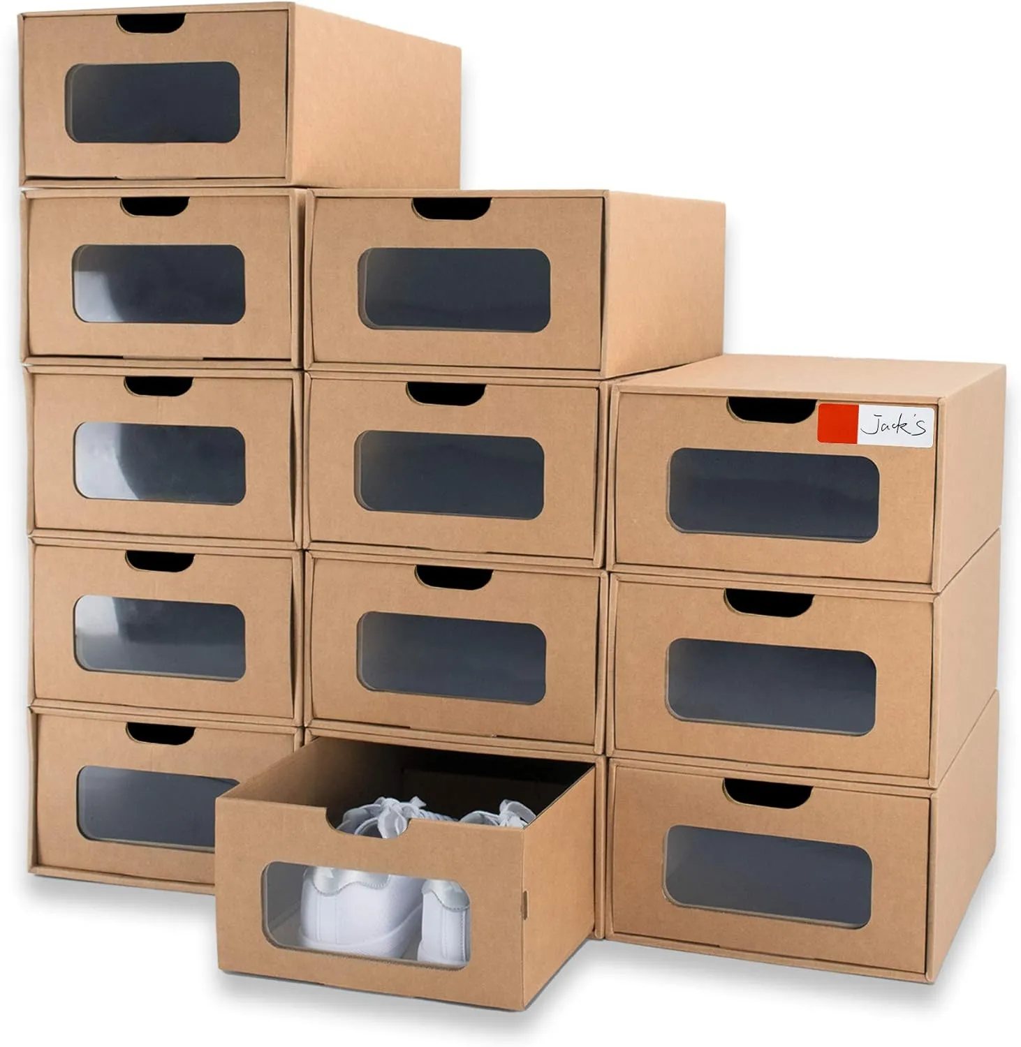 Shoe Box 12 Pack,13.2 x 8.3 x 5.1in Waterproof Storage Boxes, Socks, Stationery, Toys, Underwear,Heavy Duty,Stack-able Cardboard Boxes,with Marking Labels,Transparent Window