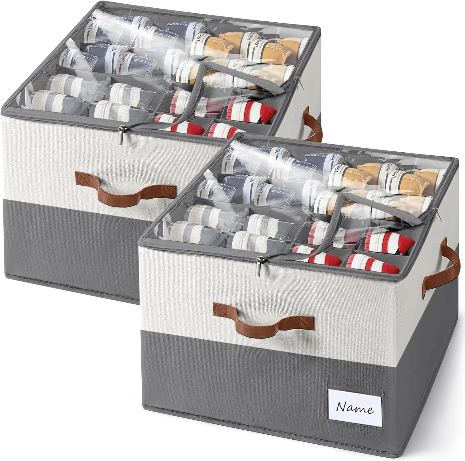 Shoe Organizer for Closet, Fits Up to 32 Pairs, Large Shoe Box Storage Container with Clear Cover, with Adjustable Dividers for Shoe Storage Bins,Space-Saving Shoe Bins,(2-Pack Beige and grey)
