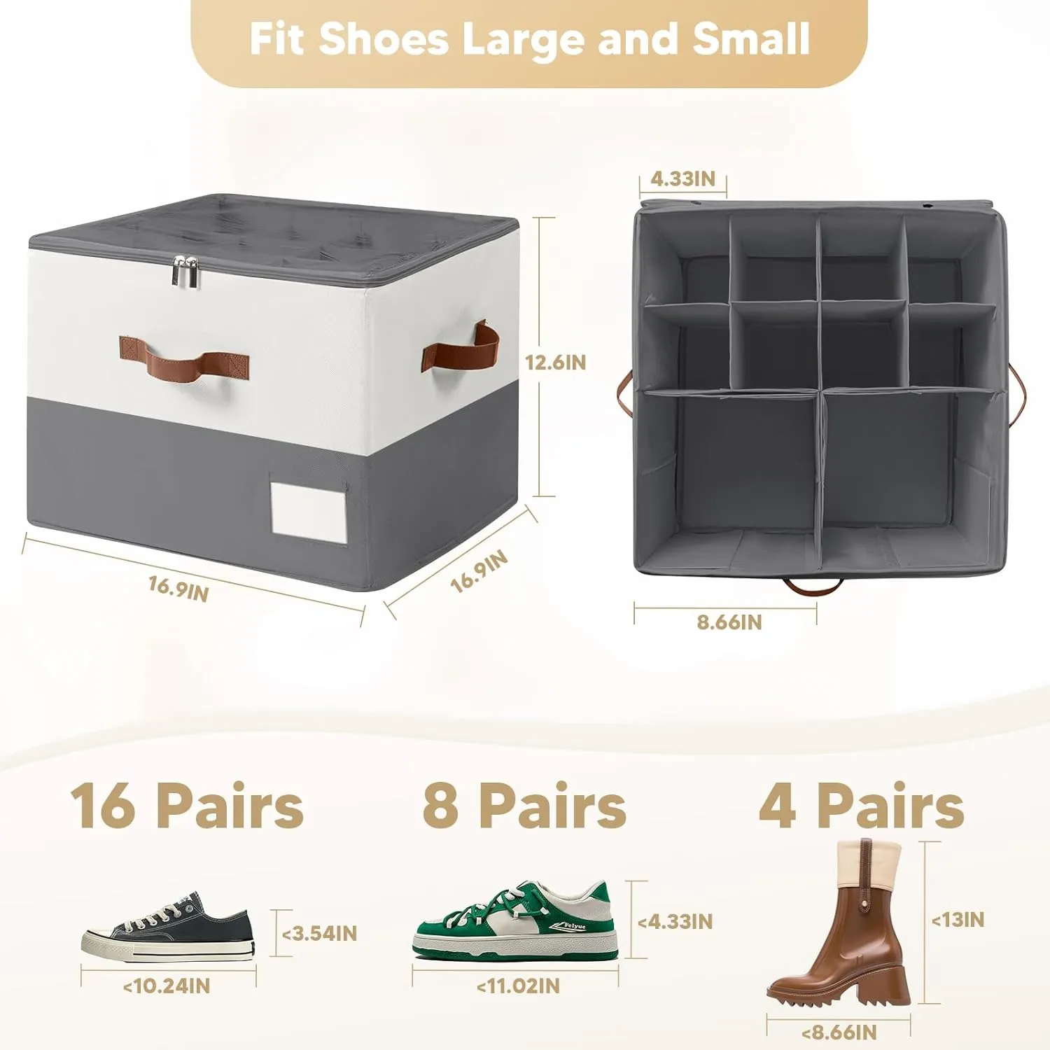 Shoe Organizer for Closet, Fits Up to 32 Pairs, Large Shoe Box Storage Container with Clear Cover, with Adjustable Dividers for Shoe Storage Bins,Space-Saving Shoe Bins,(2-Pack Beige and grey)