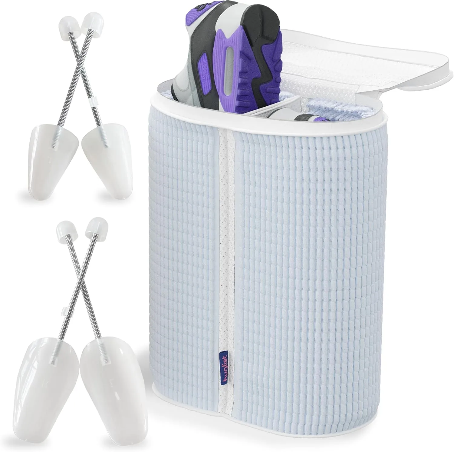 Shoe Washing Machine Bag - Dual Shoe Bag for Washing with Adjustable Shoe Trees, Laundry Shoe Bag for 2 Shoes, Fluffy Fiber, Wrap-around Cleaning, Olive-shaped Design, Durable Zipper, Blue