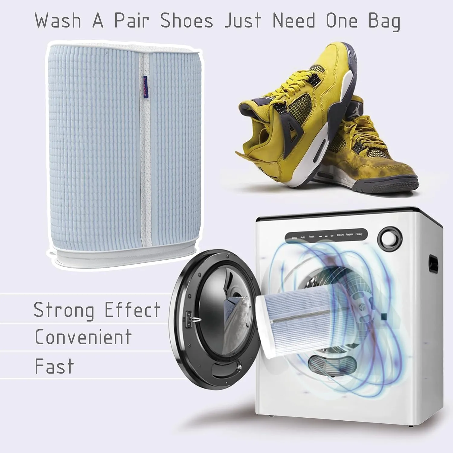 Shoe Washing Machine Bag - Dual Shoe Bag for Washing with Adjustable Shoe Trees, Laundry Shoe Bag for 2 Shoes, Fluffy Fiber, Wrap-around Cleaning, Olive-shaped Design, Durable Zipper, Blue