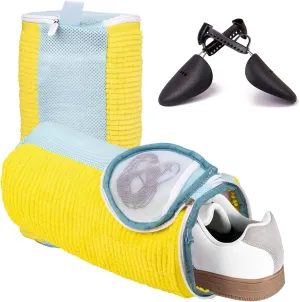 Shoe Washing Machine Bag, Fluffy Fibers Keep 360° Wrap-around Cleaning, 1 Pairs Adjustable Shoe Trees for All Shoes, Durable Hidden Zipper Reusable Shoe Laundry Bag(Yellow)