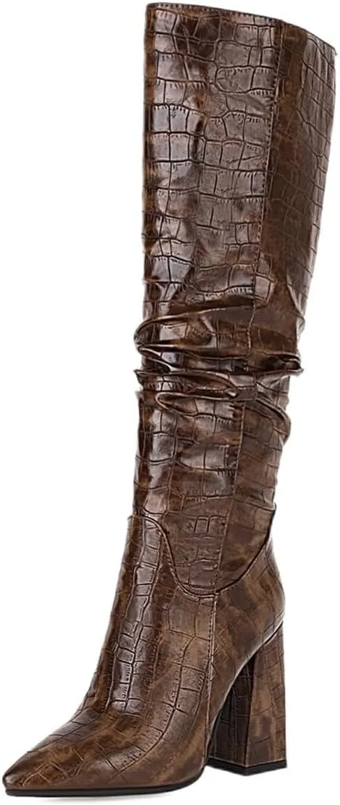 Slouch Knee High Boots for Women Fashion Faux Crocodile Boots