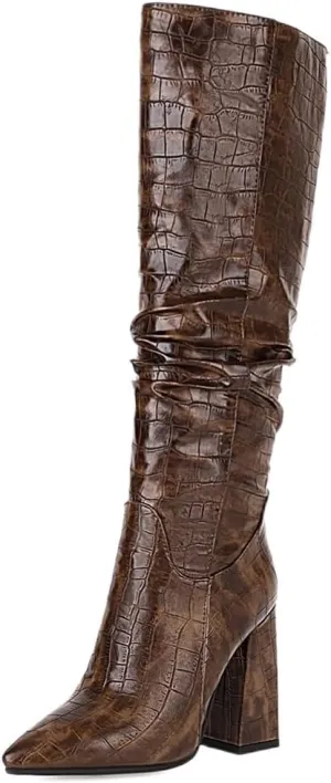 Slouch Knee High Boots for Women Fashion Faux Crocodile Boots