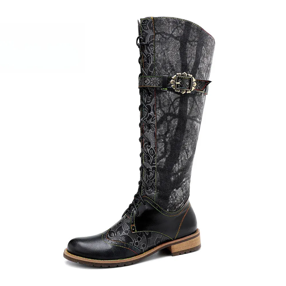 Socofy Vicconfy Genuine Leather Dark Flower Lace Up Flat Boots