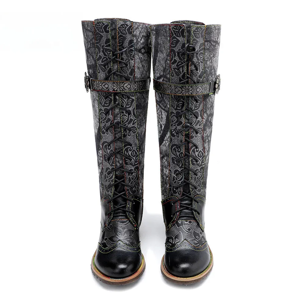 Socofy Vicconfy Genuine Leather Dark Flower Lace Up Flat Boots