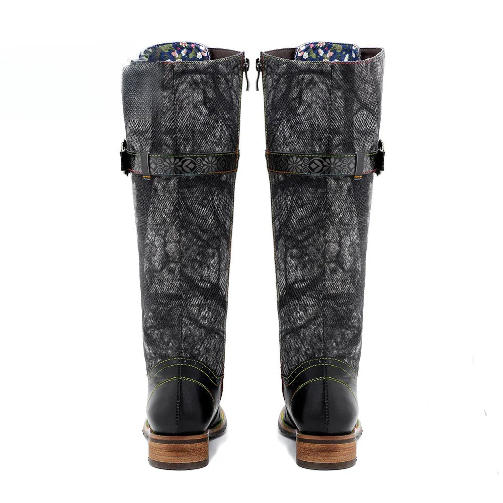 Socofy Vicconfy Genuine Leather Dark Flower Lace Up Flat Boots