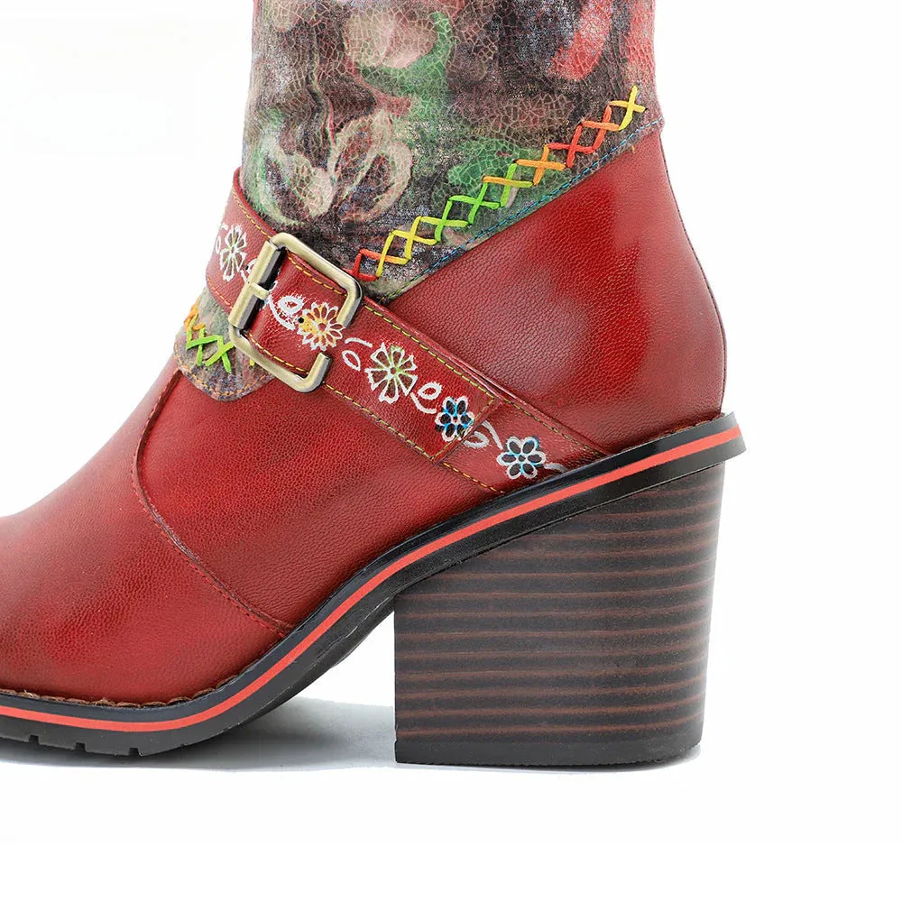 Socofy Vicconfy Handmade Color Rubbed Leather Printed Belt Buckle Chunky Heel Women's Boots