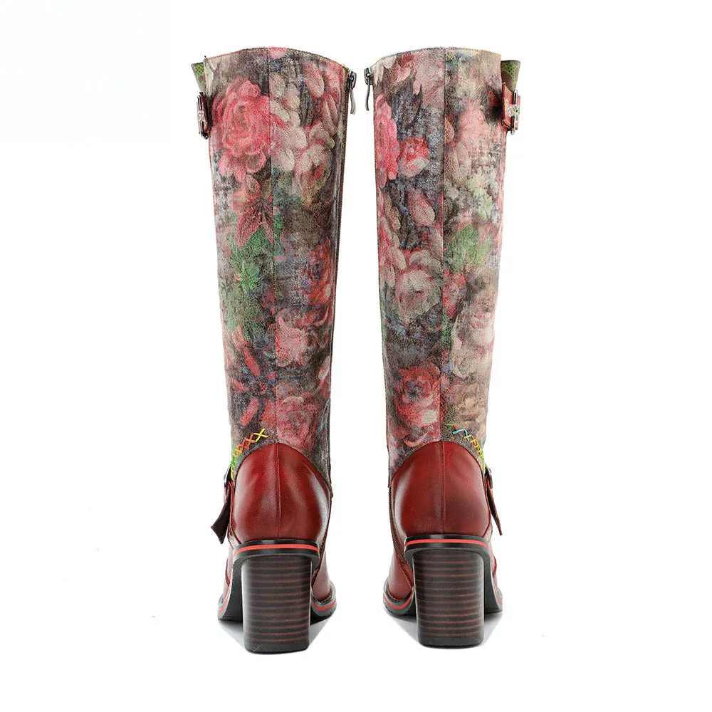 Socofy Vicconfy Handmade Color Rubbed Leather Printed Belt Buckle Chunky Heel Women's Boots