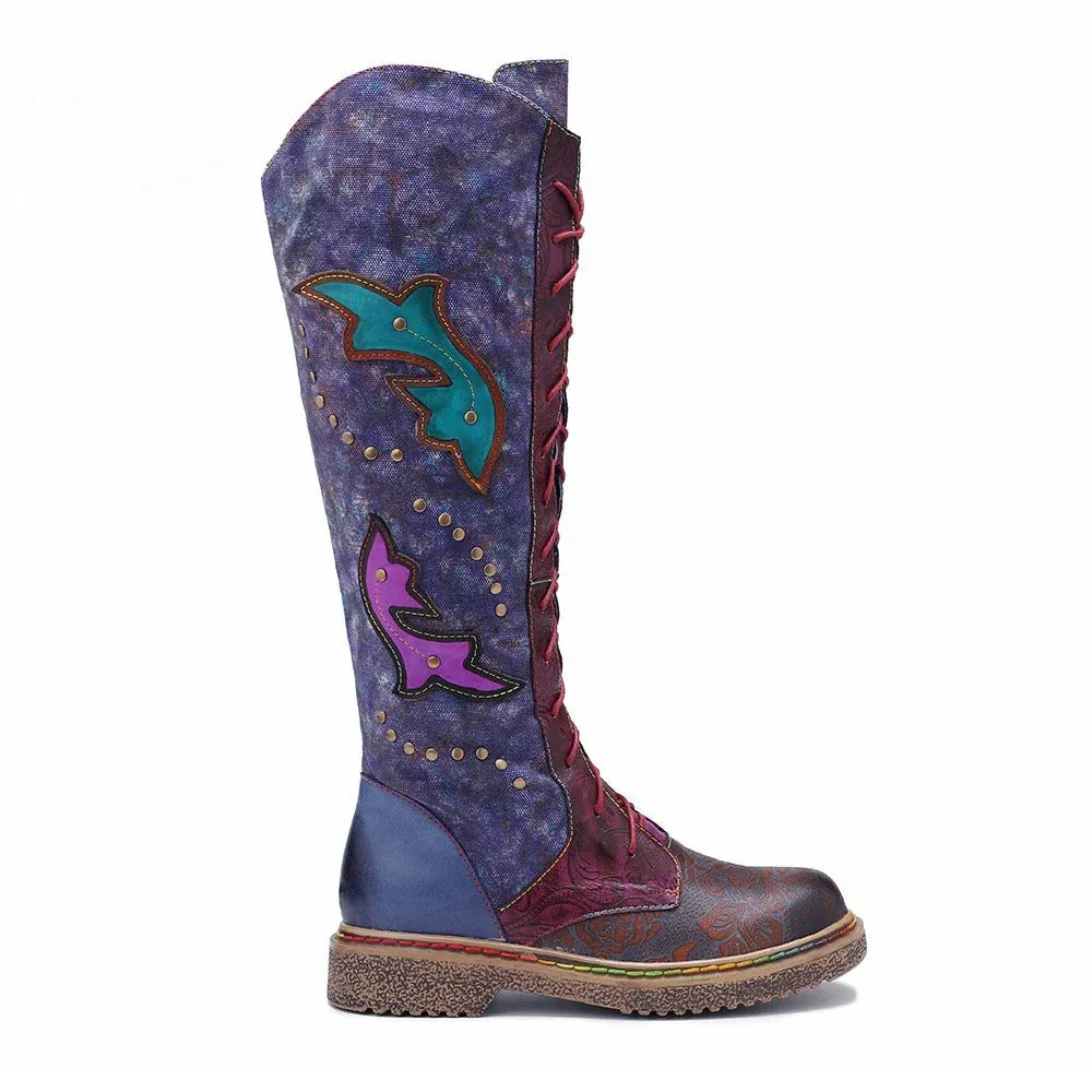 Socofy Vicconfy Locomotive Texture Dark Flower Women's Boots Flat Women's Boots