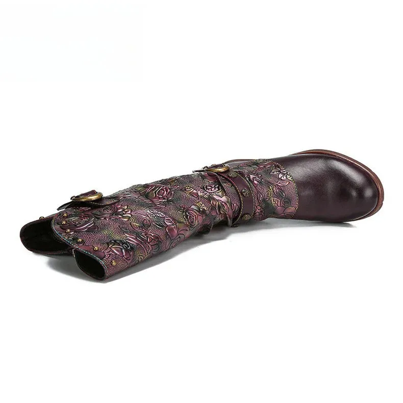 Socofy Vicconfy Side Zipper Vintage Floral Flat Heel Long Boots