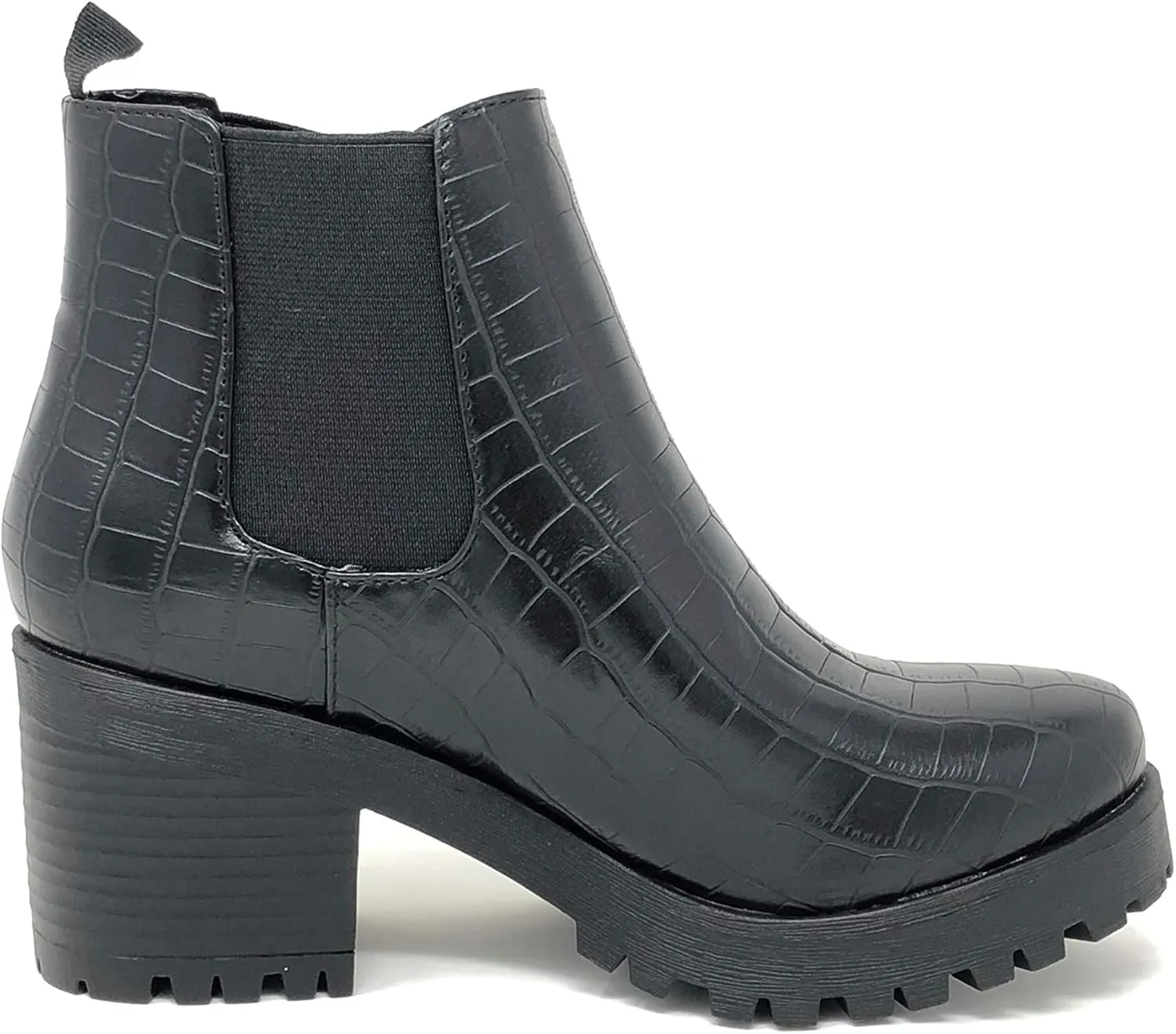 Soda Top Shoes Jaber Ankle Boot w/Lug Sole Elastic Gore and Chunky Heel