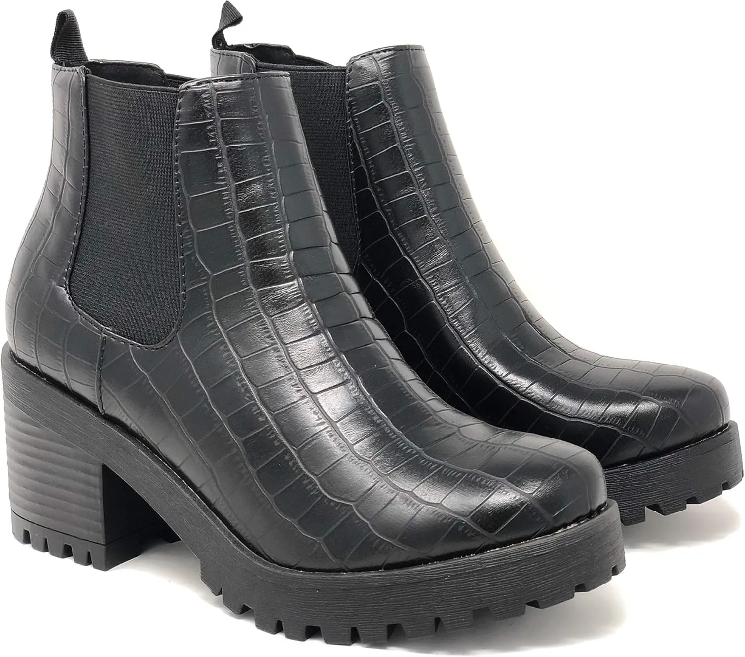 Soda Top Shoes Jaber Ankle Boot w/Lug Sole Elastic Gore and Chunky Heel