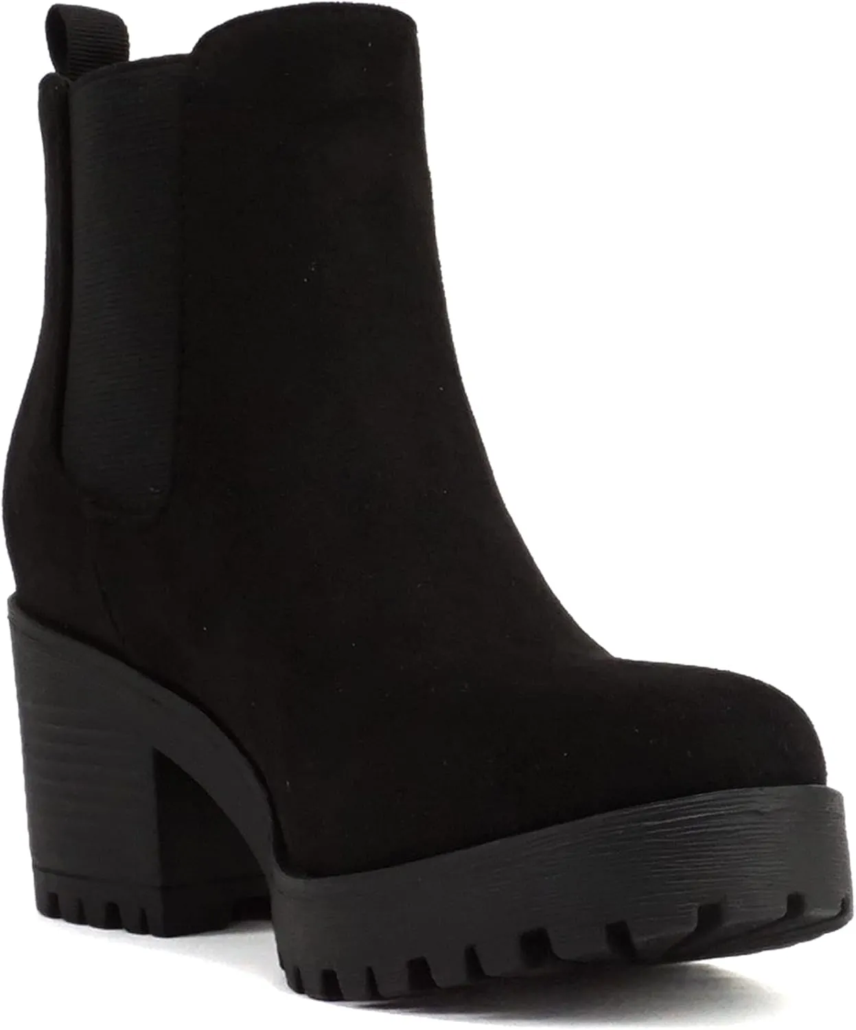Soda Top Shoes Jaber Ankle Boot w/Lug Sole Elastic Gore and Chunky Heel