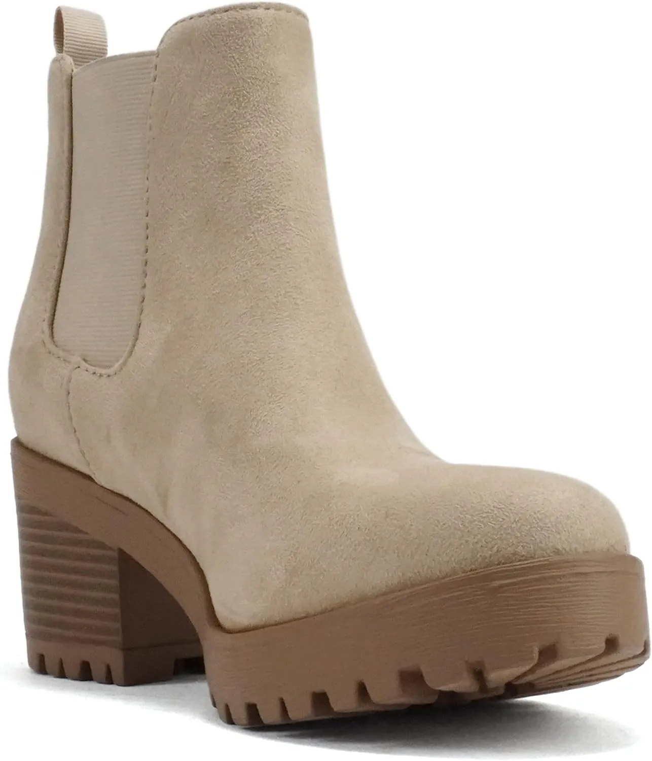 Soda Top Shoes Jaber Ankle Boot w/Lug Sole Elastic Gore and Chunky Heel