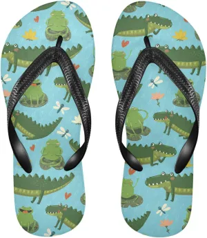 SPRIPORT Frogs Crocodiles Blue Slim Flip Flops for Women Men Comfortable Casual Thong Cushion Sandals with Non-Slip Rubber Sole Outdoor Sandals for Beach Summer Walking