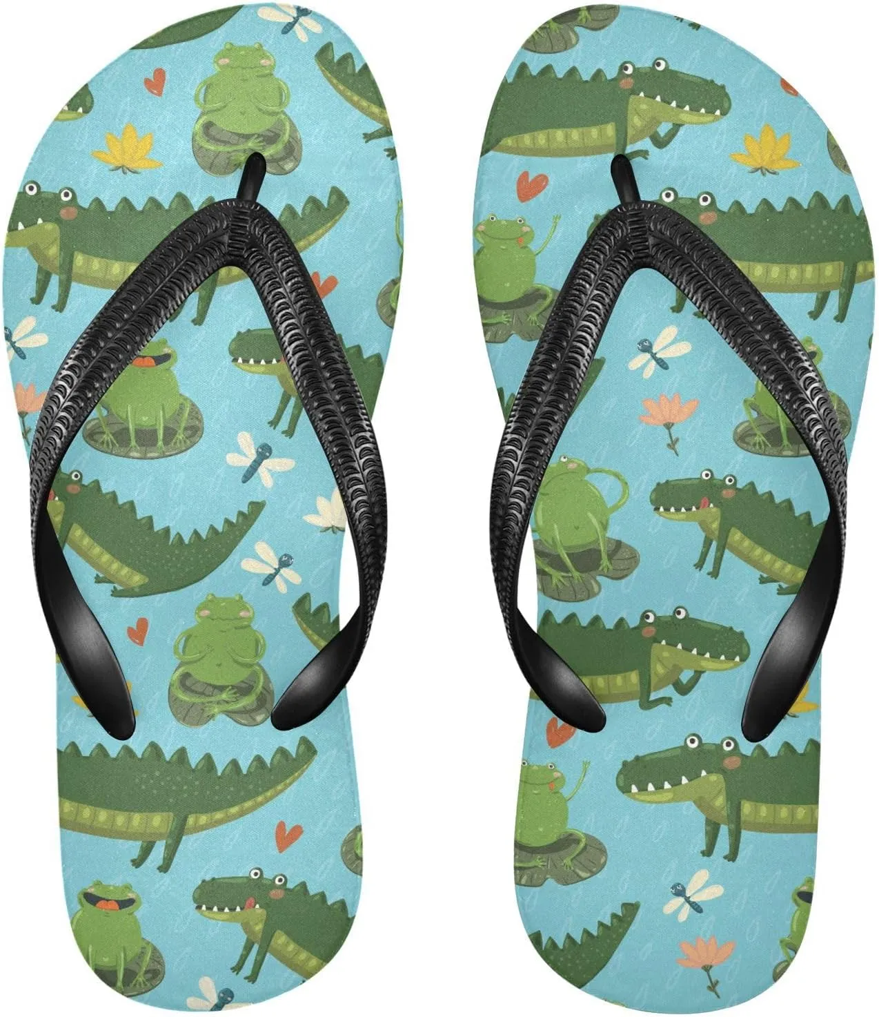SPRIPORT Frogs Crocodiles Blue Slim Flip Flops for Women Men Comfortable Casual Thong Cushion Sandals with Non-Slip Rubber Sole Outdoor Sandals for Beach Summer Walking