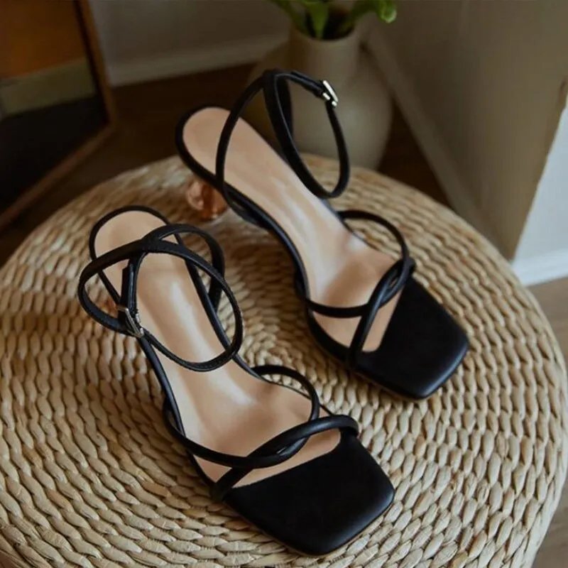 Square Toe Mid Heels Peep Toe Backstrap Sandals