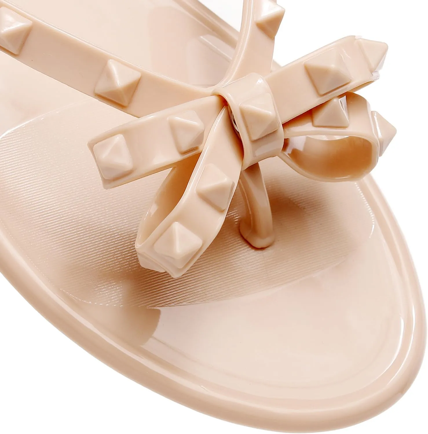 Studded Jelly Shoes for Womens Bow Flip Flops Jellies Sandals Flat Black Summer Beach Thong with Rivets Strappy Slides Slip On