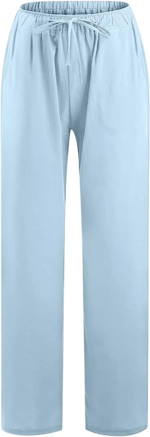 Summer Pants for Women Casual 2024 Summer Drawstring Elastic High Waist Linen Pant Straight Wide Leg Cropped Trousers