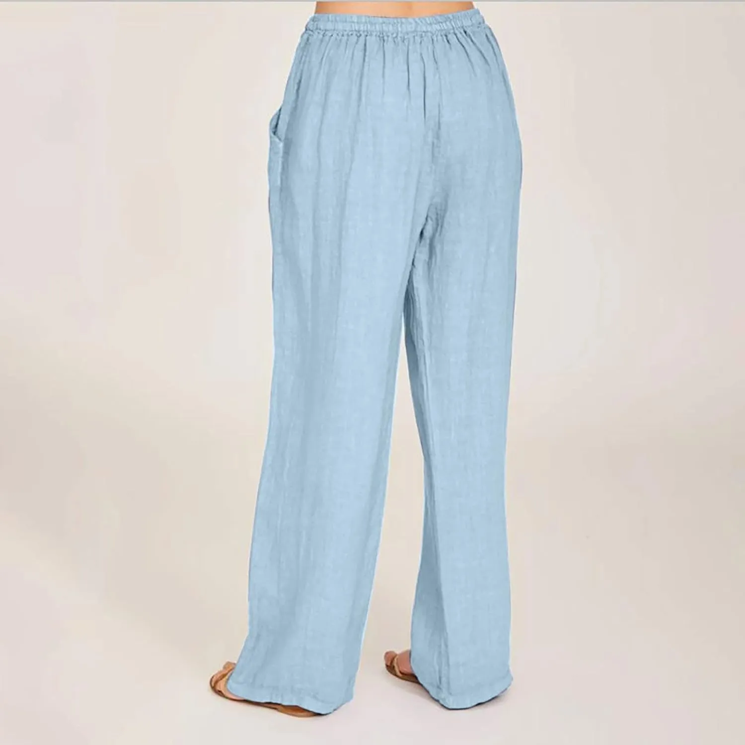 Summer Pants for Women Casual 2024 Summer Drawstring Elastic High Waist Linen Pant Straight Wide Leg Cropped Trousers
