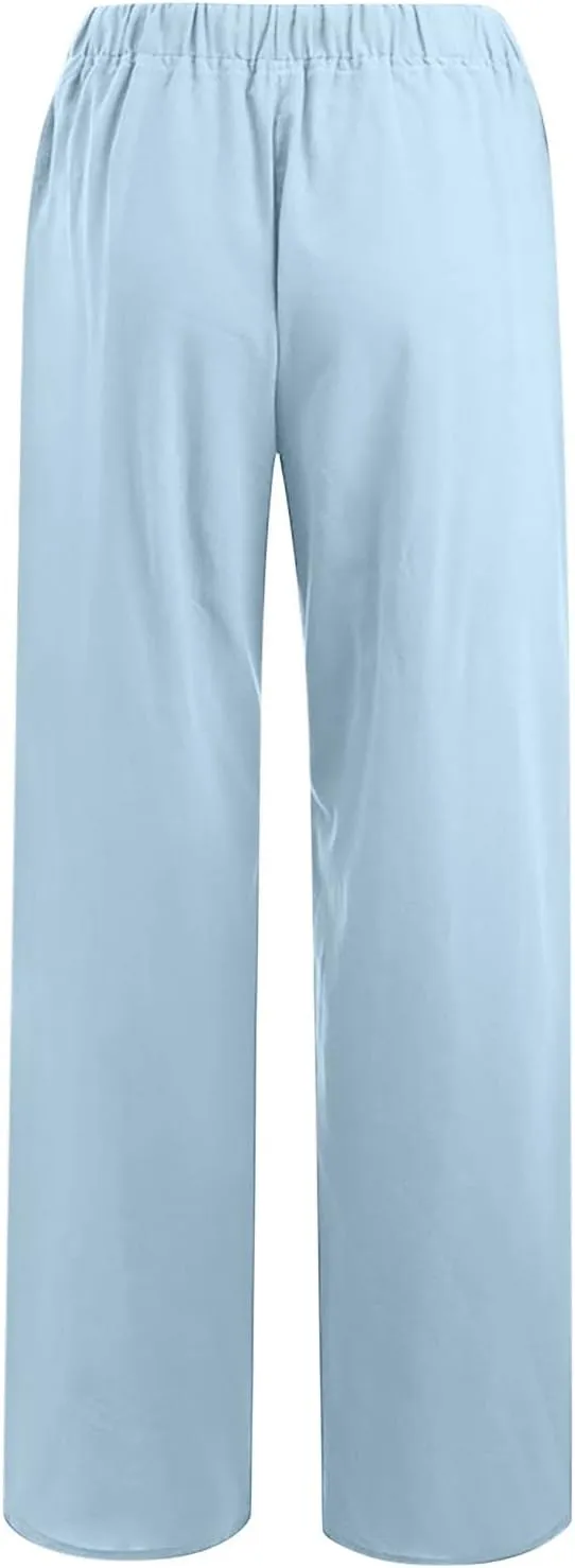 Summer Pants for Women Casual 2024 Summer Drawstring Elastic High Waist Linen Pant Straight Wide Leg Cropped Trousers