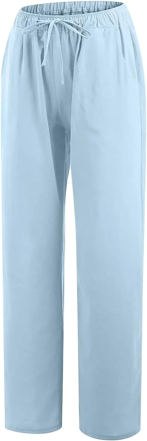 Summer Pants for Women Casual 2024 Summer Drawstring Elastic High Waist Linen Pant Straight Wide Leg Cropped Trousers
