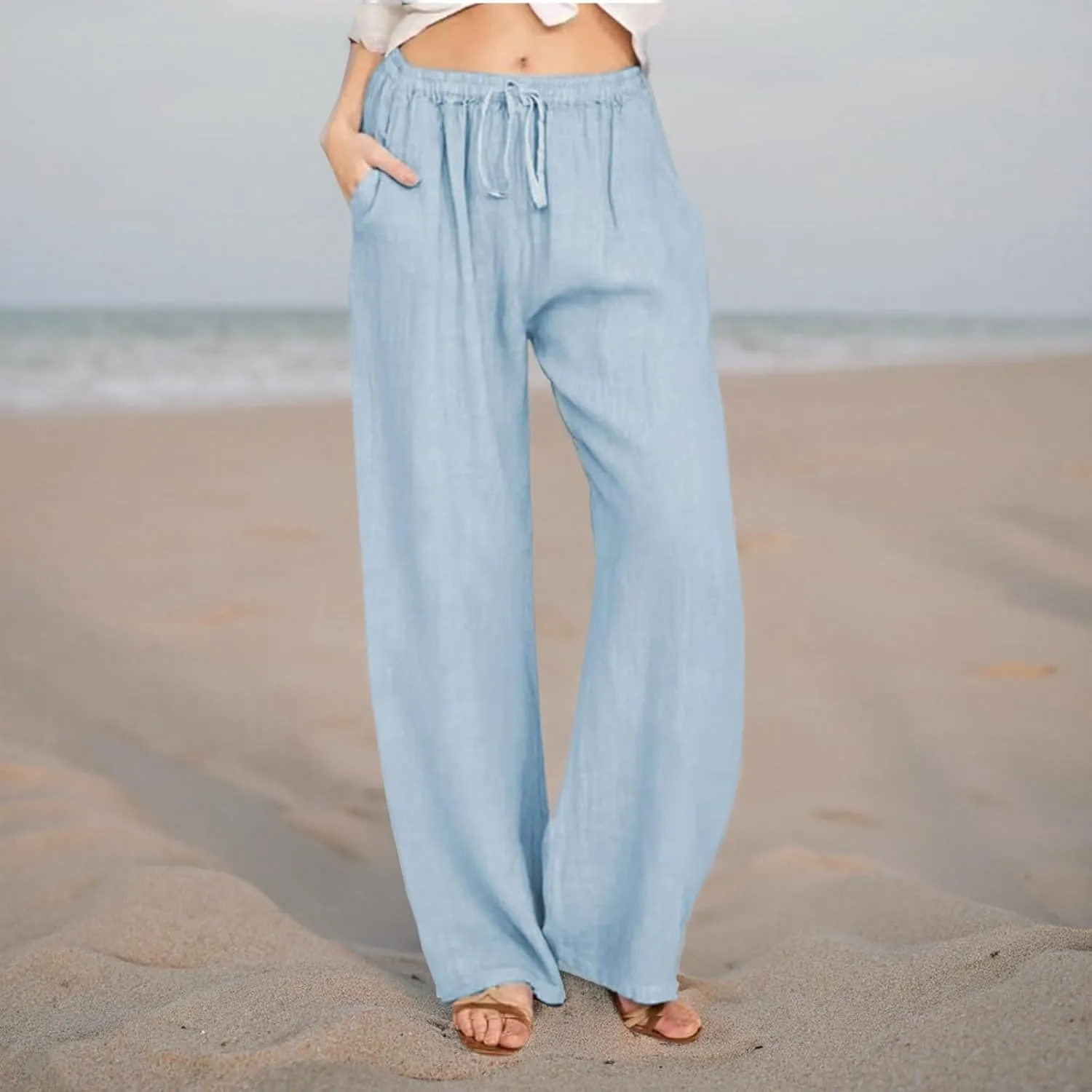 Summer Pants for Women Casual 2024 Summer Drawstring Elastic High Waist Linen Pant Straight Wide Leg Cropped Trousers