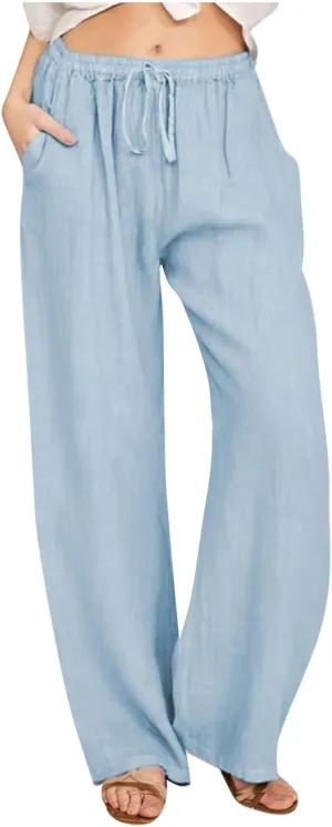 Summer Pants for Women Casual 2024 Summer Drawstring Elastic High Waist Linen Pant Straight Wide Leg Cropped Trousers
