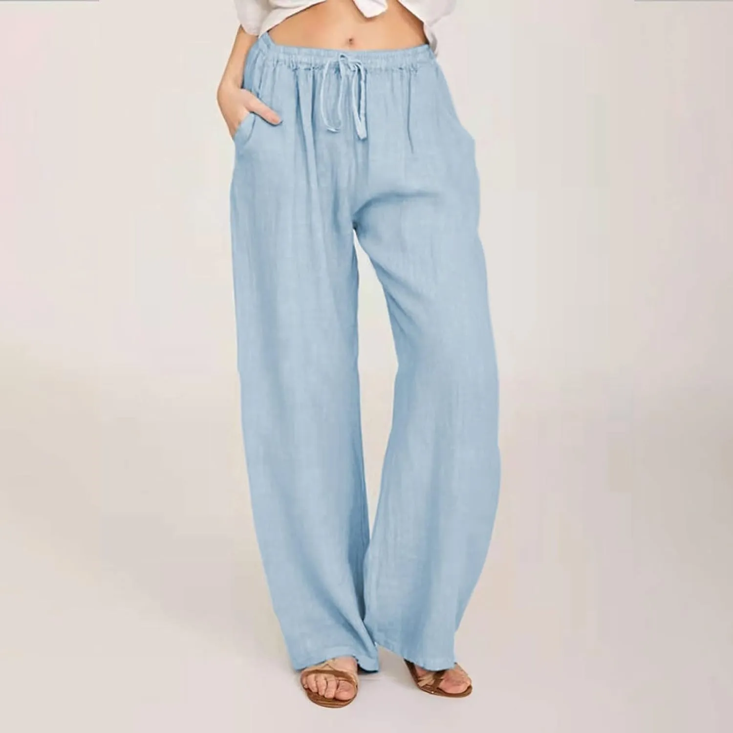 Summer Pants for Women Casual 2024 Summer Drawstring Elastic High Waist Linen Pant Straight Wide Leg Cropped Trousers